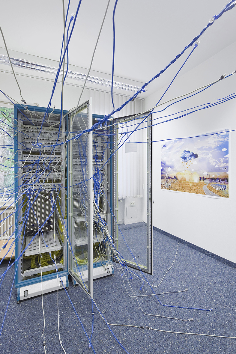 "Materiality of the Internet", installation using found servers and cables, pins, nylon, 2015. Photo courtesy of Trommeter-Szabo Photography.
